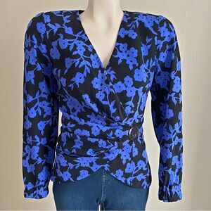 Vintage Silk Floral Wrap Blouse David Warren Cobalt Blue Black Size 8